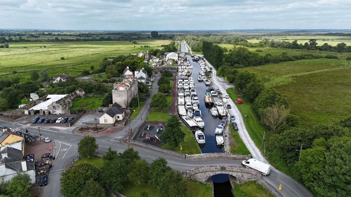 Aerial view of boats moored along the Grand Canal at the Shannon Harbour Boat Rally.